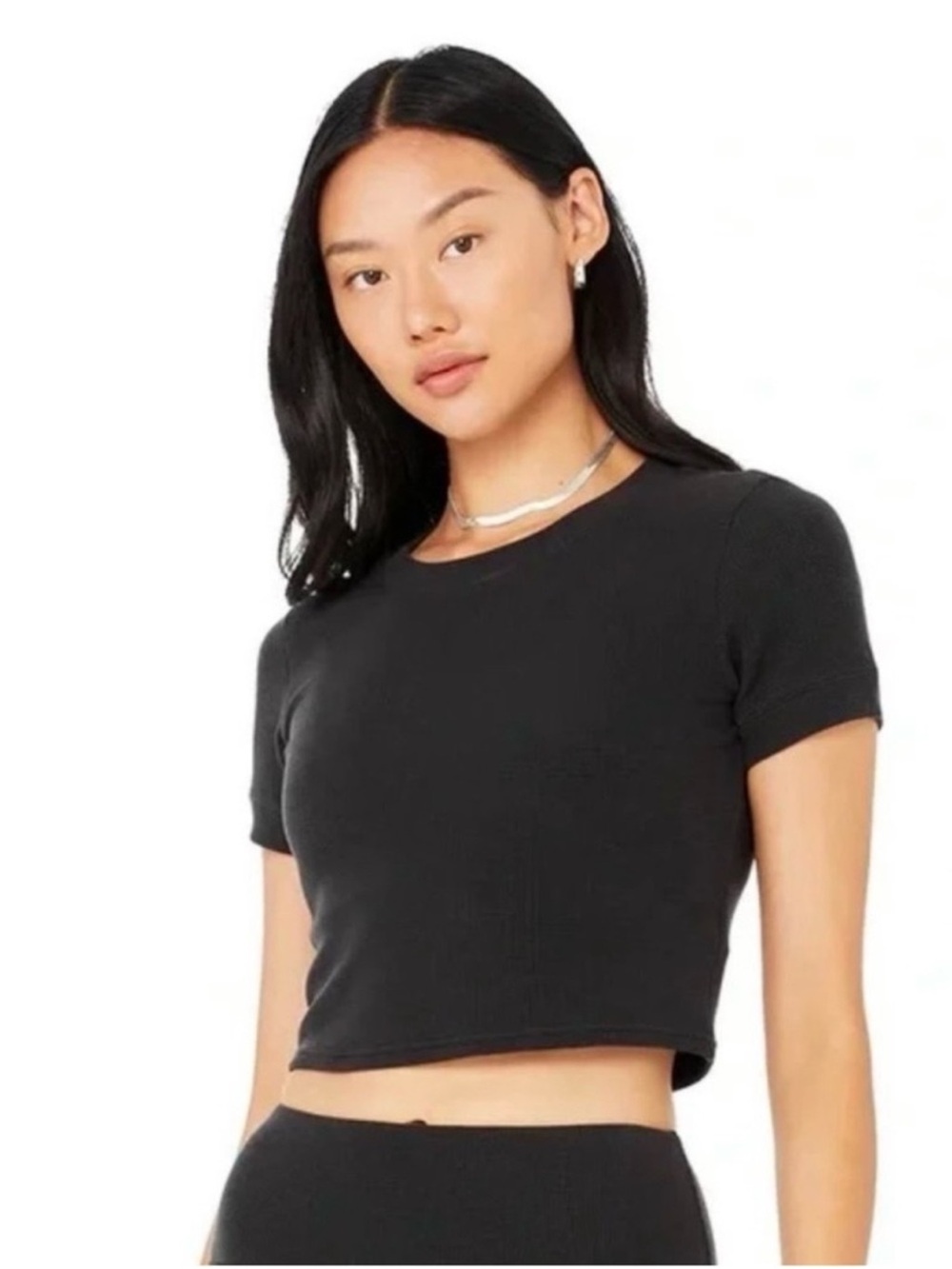 Alo Yoga Women's Ribbed Modal-Cotton Cropped T-Shirt Short Sleeve Black Size S